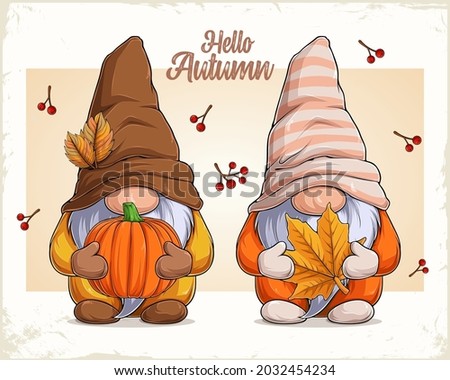 Hand drawn cute gnomes in autumn disguise holding pumpkin and maple leaf, hello autumn text