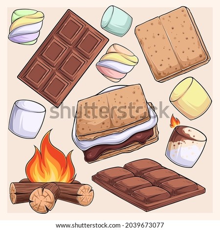 Hand drawn delicious s'more collection, marshmallows, cracker, chocolate barre and fire, s'more design elements