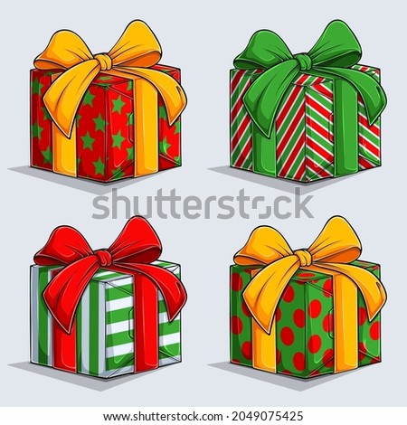 Christmas beautiful gifts in colorful wrapping paper with bows and ribbons. Winter Xmas gifs