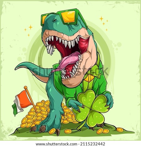 St Patrick's day lucky dinosaur T rex in Leprechaun suit holding a big clover and wearing Irish sunglasses Stok fotoğraf © 