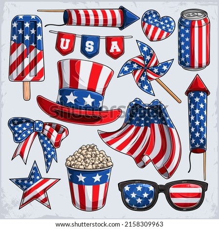 4th of July elements collection, Uncle Sam hat fireworks star and more independence day veterans day