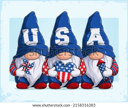 Cute gnomes in 4th of July disguise with USA word in there hats holding Pinwheel Heart and Fireworks