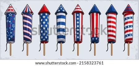 4th of July firework cracker rockets collection with USA flag pattern for American independence day