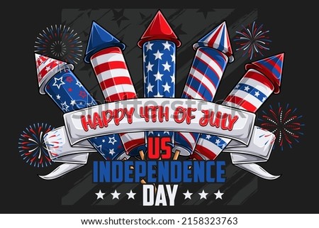 Happy 4th of July poster USA independence day Hand drawn ribbon with set of firework cracker rockets