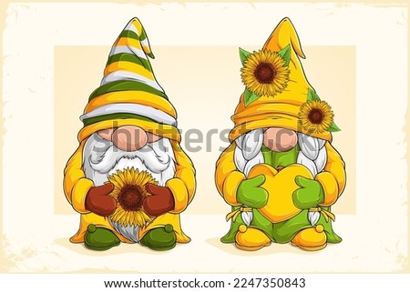 Hand drawn cute sunflower gnomes holding a yellow heart and big sunflower for spring and summer