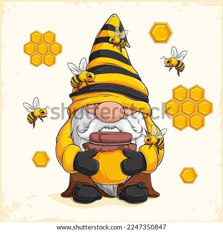Hand drawn cute beekeeper gnome holding a glass jar full of honey surrounded by bees and honeycomb 