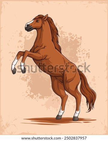 Hand drawn standing brown horse, rearing up Arabian horse, beautiful jumping horse with brown hair