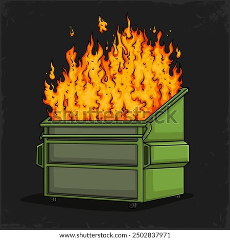 Hand drawn mismanaged situation dumpster fire, green garbage bin burning on a huge fire