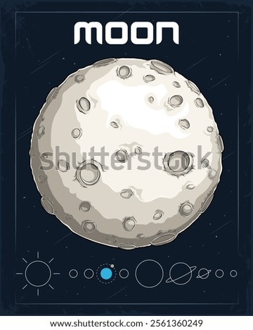 Hand drawn solid reflective rocky off white brown grey Moon with its lunar craters in outer space