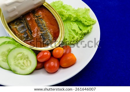 Canned Sardine fish in tomato sauce served on dish with salad for the concept of quick meal or healthy food (omega-3)