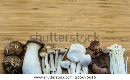 From left; Shiitake, King trumpet mushroom (Eringi), Brown beech mushroom (Shimeji), Indian Oyster mushroom, Jew\'s ear Mushroom, Golden needle mushroom (Enokitake)