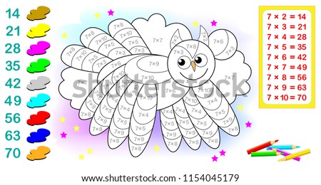 Worksheet with exercises for children with multiplication by seven. Need to solve examples and paint the owl in relevant colors. Vector cartoon image.