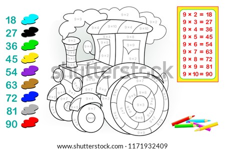 Worksheet with exercises for children with multiplication by nine. Need to solve examples and paint the tractor in relevant colors. Vector cartoon image.