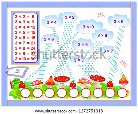 Multiplication table by 3 for kids. Write the numbers in correct circles. Educational page for mathematics baby book. Back to school. Vector cartoon image.