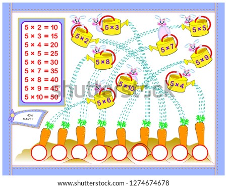 Multiplication table by 5 for kids. Write the numbers in correct circles. Educational page for mathematics baby book. Back to school. Vector cartoon image.
