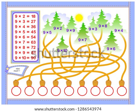 Multiplication table by 9 for kids. Write the numbers in correct circles. Educational page for mathematics baby book. Printable worksheet for children textbook. Back to school. Vector cartoon image.