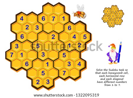 Logic puzzle game for children and adults. Solve Sudoku task so that each honeycomb cell, each horizontal row and each diagonal have different numbers from 1 to 7. Printable page for brainteaser book.