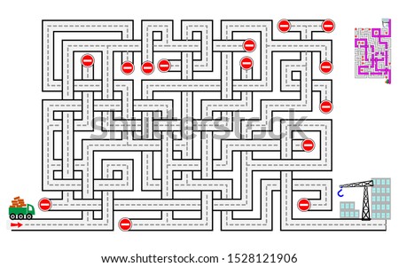Logical puzzle game with labyrinth for children and adults. Help the lorry deliver bricks to the construction of houses. Printable worksheet for kids brain teaser book. IQ test. Vector cartoon image.