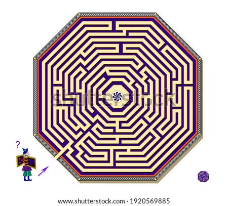 Logic puzzle game with octagonal labyrinth for children and adults. Help the wizard find the way to the center of maze. Worksheet for kids brain teaser book. IQ test. Play online.