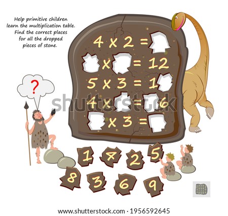 Help primitive children learn the multiplication table. Find the correct places for all the dropped pieces of stone. Logic puzzle game. Math education. Worksheet for kids school. Play online.