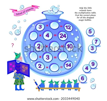 Help the little wizards learn multiplication table. Find correct places for all dropped magic bubbles. Logic puzzle game. Math education. Worksheet for kids school. Write numbers. Play online.