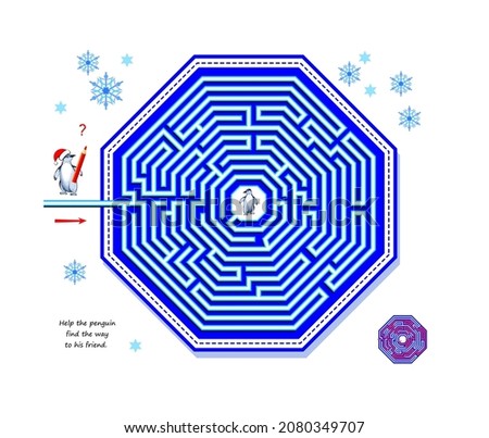 Logic puzzle game with labyrinth for children and adults. Help the penguin find the way to his friend. Worksheet for brain teaser book. Play online. Octagonal maze for kids. Vector illustration.