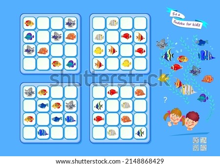 Sea Sudoku for kids. Page for brain teaser book. Set of logic puzzle games for children. Place the fishes in empty spaces so that each line has one of a kind. Play online. Vector illustration. ストックフォト © 