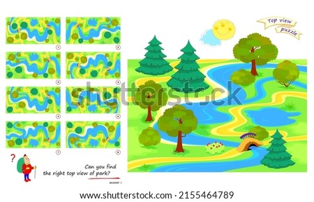 Logic puzzle game for children and adults. Can you find the right top view of park? 3D maze. Printable page for brain teaser book. Developing spatial thinking. IQ test. Play online. Flat vector.