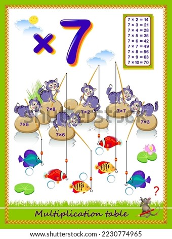 Educational page for school. Multiplication table by 7 for kids. Solve examples and write numbers in the circles. Logic puzzle game with labyrinth. Printable worksheet for children math textbook.