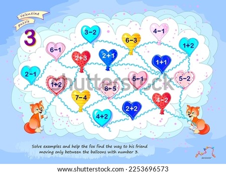Mathematical education for children. Logic puzzle game with maze for kids. Solve examples and help the fox find the way to his friend moving only between the balloons with number 3. Play online.