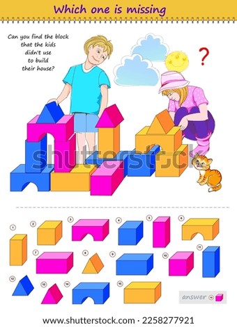 Logic puzzle game for children and adults. Can you find the block that the kids didn't use to build their house? Which one is missing? Brain teaser book. Task for attentiveness. Kids activity sheet.