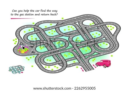 Best labyrinths. Can you help the car find the way to the gas station and return back? Logic puzzle game. Brain teaser book with maze. Educational page for children. Play online. Vector illustration.