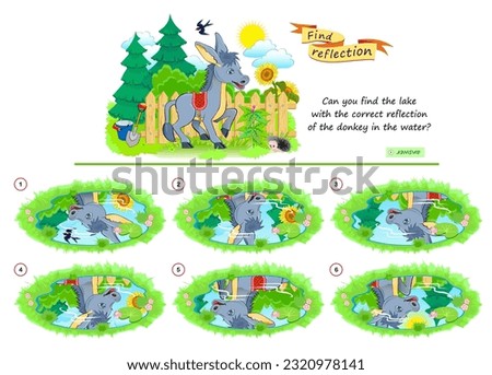 Logic puzzle game for children and adults. Can you find the lake with the correct reflection of the donkey in the water? Page for brain teaser book. Developing kids spatial thinking. Vector image.