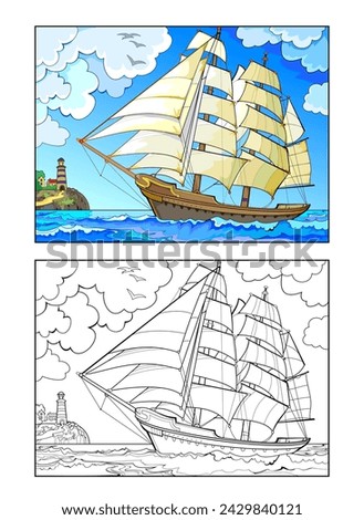 Colorful and black and white template for coloring. Fantasy illustration of an ancient two-masted sailboat sailing in Douarnenez bay. Worksheet for coloring book for children and adults. Vector image