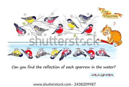 Logic puzzle game for children and adults. Can you find the reflection of each sparrow in the water? Brain teaser book. Developing kids spatial thinking. Task for attentiveness. Vector illustration.