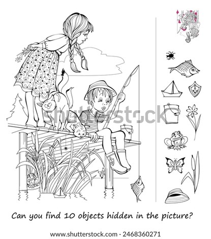 Can you find 10 objects hidden in the picture? Logic puzzle game for children and adults. Illustration of a boy and a girl fishing on a lake. Educational page for kids. Black and white vector drawing