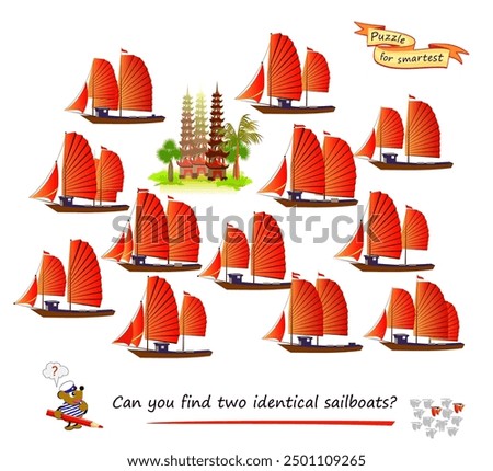 Logic puzzle game for children and adults. Can you find two identical sailboats? Page for kids brain teaser book. Task for attentiveness.  IQ test. Play online. Vector illustration.