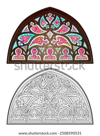 Colorful and black and white of Gothic stained glass window. Drawing in the church of Fontainebleau. Coloring book for children and adults. Medieval architectural style in Western Europe. Vector image