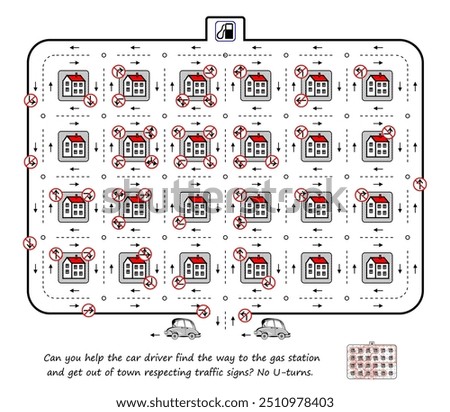 Best labyrinths. Can you help the car driver find the way to the gas station and get out of town respecting traffic signs? No U-turns. Logic puzzle game. Brain teaser book with maze. Vector image.