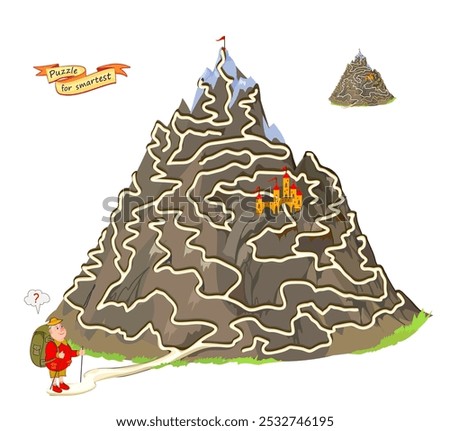 Best labyrinths. Can you help the tourist climb to the mountain top? Find the way. Logic puzzle game. Brain teaser book with maze. Kids activity sheet. Educational page. Flat vector illustration.