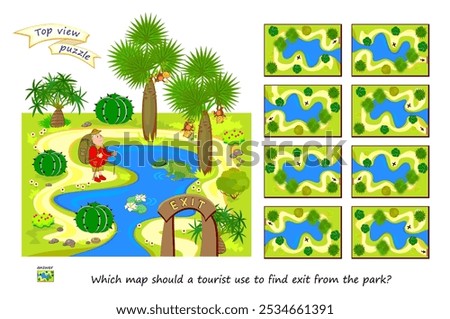 Top view puzzle. Which map should a tourist use to find exit from the park? Logic game for children and adults. 3D maze. Page for brain teaser book. Developing spatial thinking. IQ test. Flat vector.