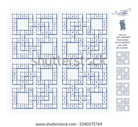 Set of math crosswords. Can you solve examples? Find solution for all equations and write the numbers. Mathematical logic puzzle game on addition and subtraction. Brain teaser book. Vector image.