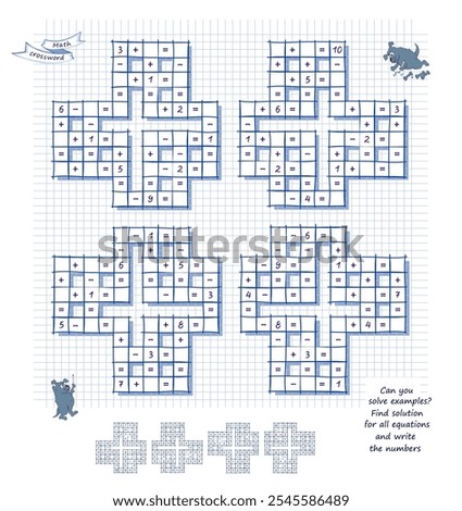 Set of mathematical crosswords. Can you solve examples? Find solution for all equations and write the numbers. Math logic puzzle game on addition and subtraction. Brain teaser book. Vector image.