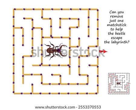 Best labyrinths. Can you remove just one matchstick to help the beetle escape the labyrinth? Find the way. Logic puzzle game. Brain teaser book with maze. Kids activity sheet. Flat vector illustration