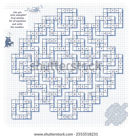 Mathematical crossword. Can you solve examples? Find solution for all equations and write numbers. Brain teaser book. Logic puzzle on addition, multiplication, division and subtraction. Vector image.