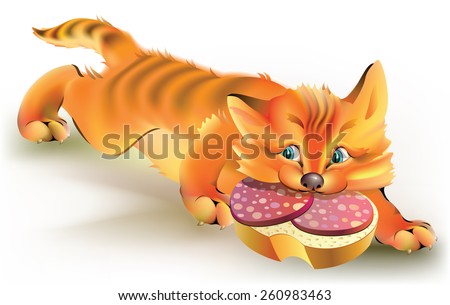 Cat stealing sandwich with sausage, vector cartoon image