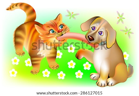 Cat and dog biting one sausage, vector cartoon image.