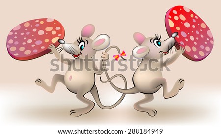 Two mice are dancing with sausage, vector cartoon image