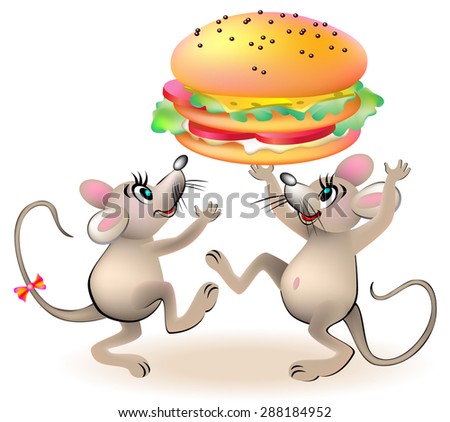 Two mice are dancing around the hamburger, vector cartoon image