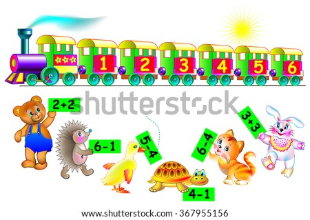 Exercises for children - need to help animals to find the correct wagon of train. Connect them by line. Developing skills for counting. Vector image.